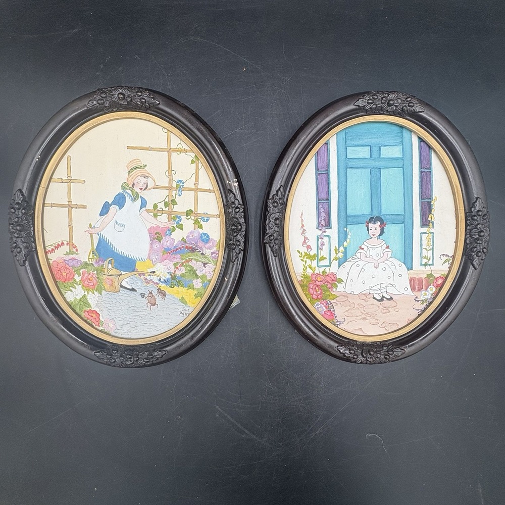 2 Vintage Framed Paintings, Mid-Century Modern, Black Frame, Sue Patty Art